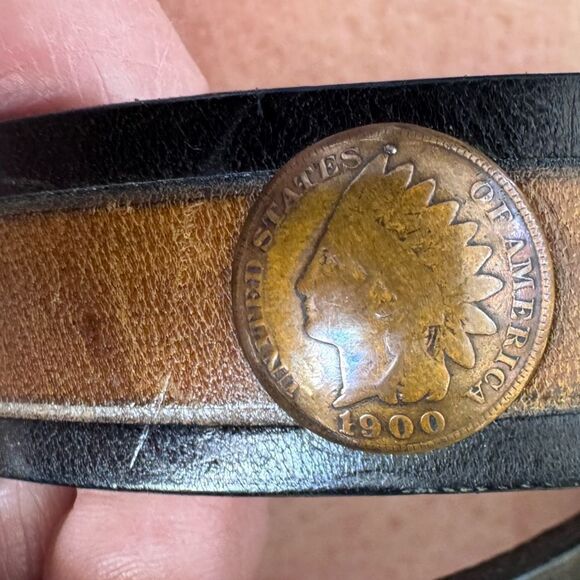 Southwick Leathers Vintage Indian Head Penny Coin Hand Tooled Leather Belt Sz 26